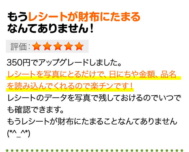 もうレシートが財布にたまるなんてありません！350円でアップグレードしました。レシートを写真にとるだけで、日にちや金額、品名を読み込んでくれるので楽チンです！レシートのデータを写真で残しておけるのでいつでも確認できます。もうレシートが財布にたまることなんてありません(*^_^*)