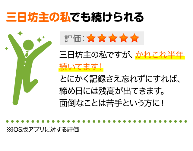 三日坊主の私でも続けられる 三日坊主の私ですが、かれこれ半年続いてます！とにかく記録さえ忘れずにすれば、締め日には残高が出てきます。面倒なことは苦手という方に！※iOS版アプリに対する評価